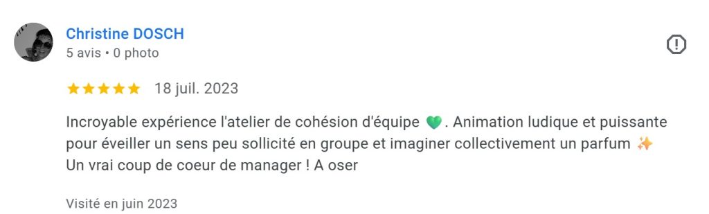 Avis google 5 étoiles - Témoignage d'un team building à la grange aux coqs avec ES