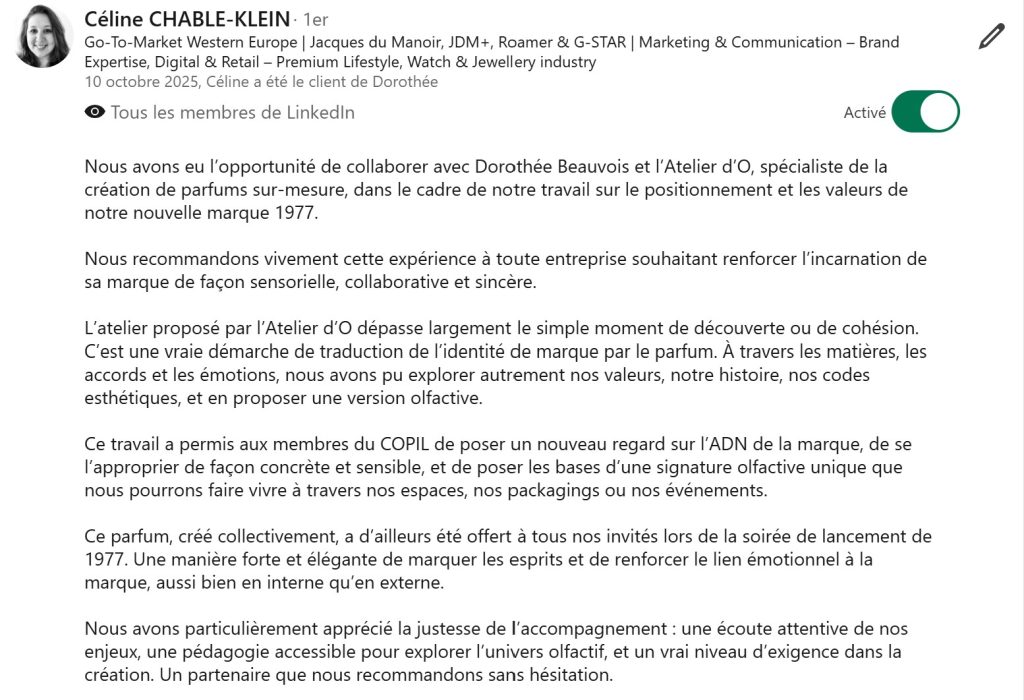 Témoignage Linkedin - parfum créé en CODIR autour des valeurs d'une nouvelle gamme Pierre Lannier- offert aux clients et journalistes - Marketing 360° - sensoriel et émotionnel