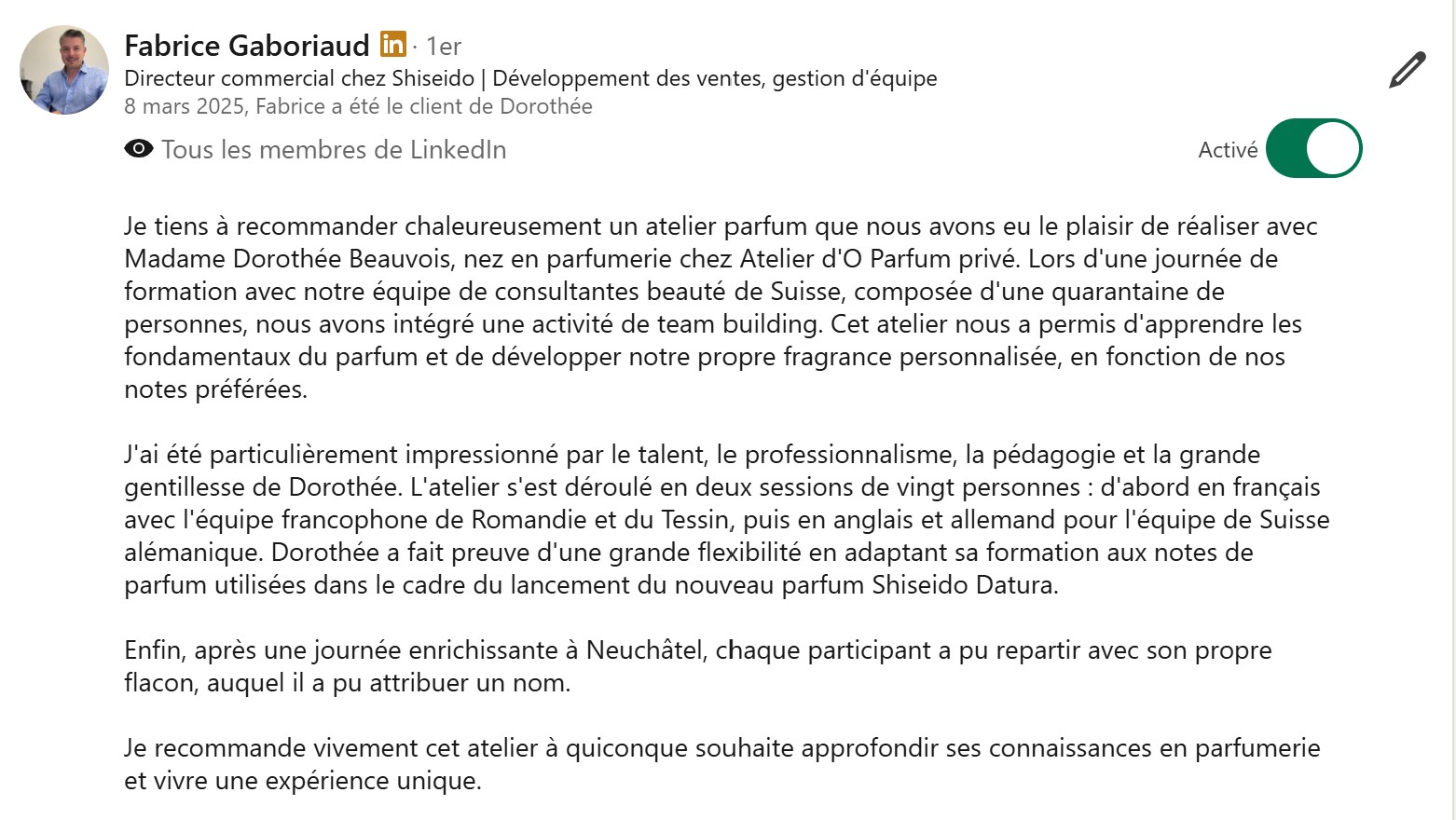 Témoignage Linkedin responsable Shiseido - création individuelle de leur parfum - 40 personnes