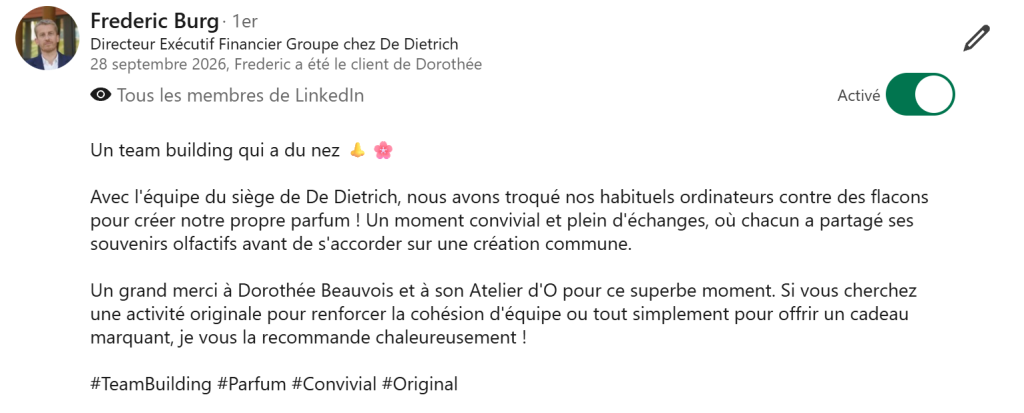 Recommandation sur Linkedin du directeur financier au sujet d'un team building